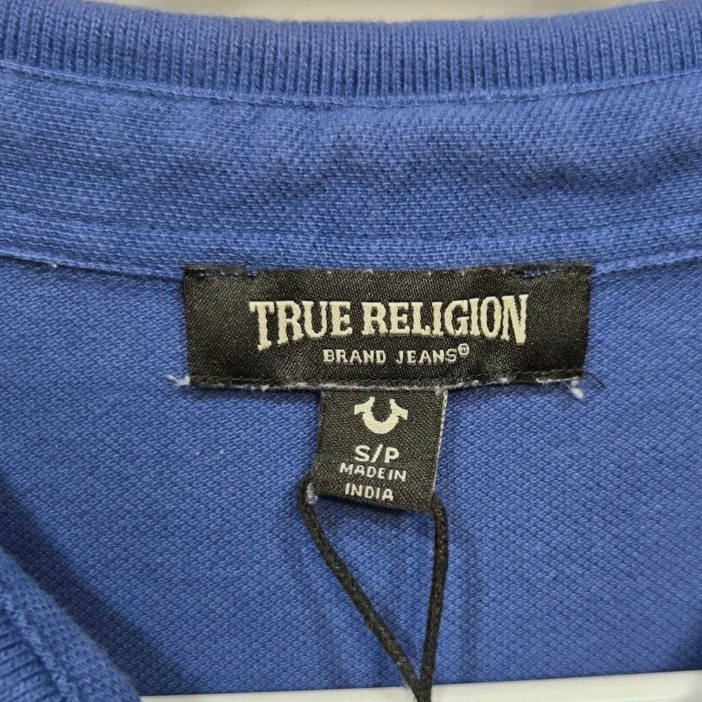 True Religion‎ Polo Shirt Mens Small Blue Big Buddha Guitar Logo Y2K Streetwear